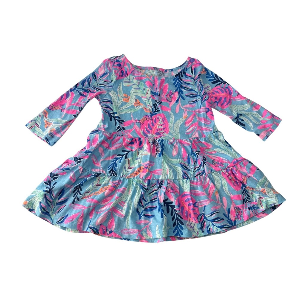 Lilly Pulitzer Girls Blue Pink Tropical Leopard Tiered Cotton Dress XSmall 2T-3T